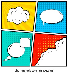Abstract creative concept vector comic pop art style blank, layout template with clouds beams and isolated dots background. For sale banner, empty speech bubble set, illustration halftone book design