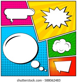 Abstract creative concept vector comic pop art style blank, layout template with clouds beams and isolated dots background. For sale banner, empty speech bubble set, illustration halftone book design