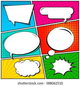 Abstract creative concept vector comic pop art style blank, layout template with clouds beams and isolated dots background. For sale banner, empty speech bubble set, illustration halftone book design
