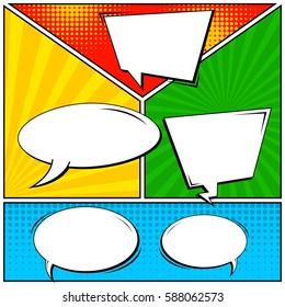 Abstract creative concept vector comic pop art style blank, layout template with clouds beams and isolated dots background. For sale banner, empty speech bubble set, illustration halftone book design