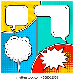 Abstract creative concept vector comic pop art style blank, layout template with clouds beams and isolated dots background. For sale banner, empty speech bubble set, illustration halftone book design