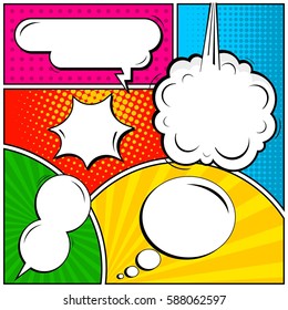 Abstract creative concept vector comic pop art style blank, layout template with clouds beams and isolated dots background. For sale banner, empty speech bubble set, illustration halftone book design