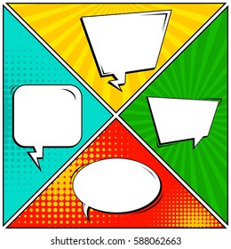 Abstract creative concept vector comic pop art style blank, layout template with clouds beams and isolated dots background. For sale banner, empty speech bubble set, illustration halftone book design