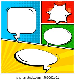 Abstract creative concept vector comic pop art style blank, layout template with clouds beams and isolated dots background. For sale banner, empty speech bubble set, illustration halftone book design