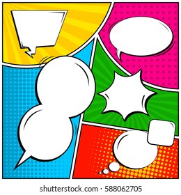 Abstract creative concept vector comic pop art style blank, layout template with clouds beams and isolated dots background. For sale banner, empty speech bubble set, illustration halftone book design