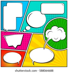 Abstract creative concept vector comic pop art style blank, layout template with clouds beams and isolated dots background. For sale banner, empty speech bubble set, illustration halftone book design