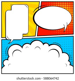 Abstract creative concept vector comic pop art style blank, layout template with clouds beams and isolated dots background. For sale banner, empty speech bubble set, illustration halftone book design