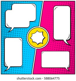 Abstract creative concept vector comic pop art style blank, layout template with clouds beams and isolated dots background. For sale banner, empty speech bubble set, illustration halftone book design