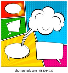 Abstract creative concept vector comic pop art style blank, layout template with clouds beams and isolated dots background. For sale banner, empty speech bubble set, illustration halftone book design
