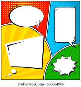 Abstract creative concept vector comic pop art style blank, layout template with clouds beams and isolated dots background. For sale banner, empty speech bubble set, illustration halftone book design