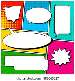 Abstract creative concept vector comic pop art style blank, layout template with clouds beams and isolated dots background. For sale banner, empty speech bubble set, illustration halftone book design