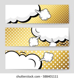 Abstract creative concept vector comic pop art style blank, layout template with clouds beams and isolated dots background. For sale banner, empty speech bubble set, illustration halftone book design
