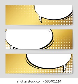 Abstract creative concept vector comic pop art style blank, layout template with clouds beams and isolated dots background. For sale banner, empty speech bubble set, illustration halftone book design