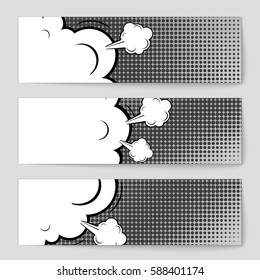 Abstract creative concept vector comic pop art style blank, layout template with clouds beams and isolated dots background. For sale banner, empty speech bubble set, illustration halftone book design