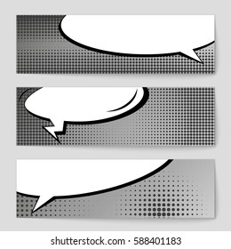Abstract creative concept vector comic pop art style blank, layout template with clouds beams and isolated dots background. For sale banner, empty speech bubble set, illustration halftone book design
