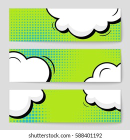 Abstract creative concept vector comic pop art style blank, layout template with clouds beams and isolated dots background. For sale banner, empty speech bubble set, illustration halftone book design