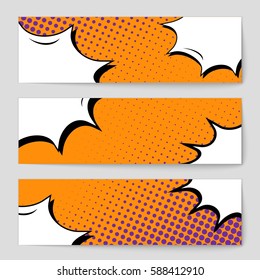 Abstract creative concept vector comic pop art style blank, layout template with clouds beams and isolated dots background. For sale banner, empty speech bubble set, illustration halftone book design