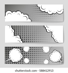 Abstract creative concept vector comic pop art style blank, layout template with clouds beams and isolated dots background. For sale banner, empty speech bubble set, illustration halftone book design