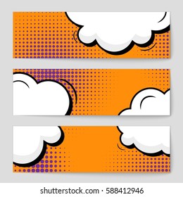 Abstract creative concept vector comic pop art style blank, layout template with clouds beams and isolated dots background. For sale banner, empty speech bubble set, illustration halftone book design