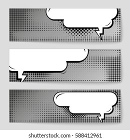 Abstract creative concept vector comic pop art style blank, layout template with clouds beams and isolated dots background. For sale banner, empty speech bubble set, illustration halftone book design