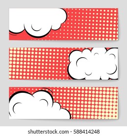 Abstract creative concept vector comic pop art style blank, layout template with clouds beams and isolated dots background. For sale banner, empty speech bubble set, illustration halftone book design