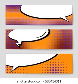 Abstract creative concept vector comic pop art style blank, layout template with clouds beams and isolated dots background. For sale banner, empty speech bubble set, illustration halftone book design