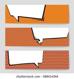 Abstract creative concept vector comic pop art style blank, layout template with clouds beams and isolated dots background. For sale banner, empty speech bubble set, illustration halftone book design