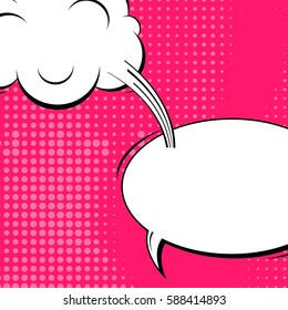 Abstract creative concept vector comic pop art style blank, layout template with clouds beams and isolated dots background. For sale banner, empty speech bubble set, illustration halftone book design