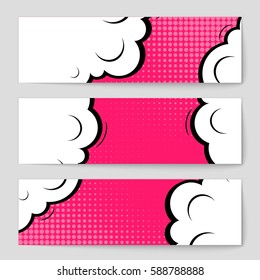 Abstract creative concept vector comic pop art style blank, layout template with clouds beams and isolated dots background. For sale banner, empty speech bubble set, illustration halftone book design