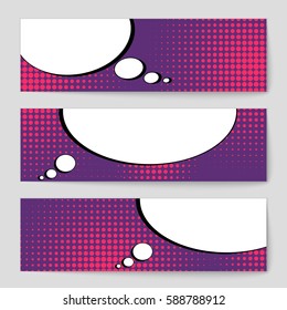 Abstract creative concept vector comic pop art style blank, layout template with clouds beams and isolated dots background. For sale banner, empty speech bubble set, illustration halftone book design