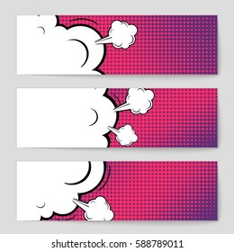 Abstract creative concept vector comic pop art style blank, layout template with clouds beams and isolated dots background. For sale banner, empty speech bubble set, illustration halftone book design