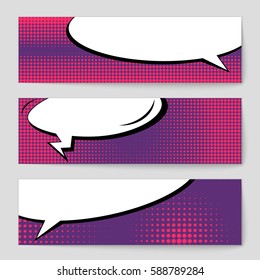 Abstract creative concept vector comic pop art style blank, layout template with clouds beams and isolated dots background. For sale banner, empty speech bubble set, illustration halftone book design