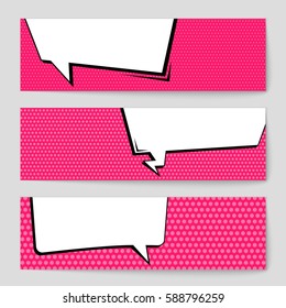 Abstract creative concept vector comic pop art style blank, layout template with clouds beams and isolated dots background. For sale banner, empty speech bubble set, illustration halftone book design