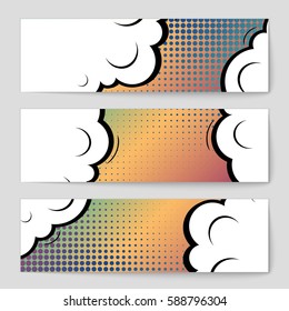 Abstract creative concept vector comic pop art style blank, layout template with clouds beams and isolated dots background. For sale banner, empty speech bubble set, illustration halftone book design