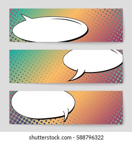 Abstract creative concept vector comic pop art style blank, layout template with clouds beams and isolated dots background. For sale banner, empty speech bubble set, illustration halftone book design