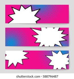 Abstract creative concept vector comic pop art style blank, layout template with clouds beams and isolated dots background. For sale banner, empty speech bubble set, illustration halftone book design
