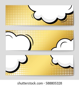 Abstract creative concept vector comic pop art style blank, layout template with clouds beams and isolated dots background. For sale banner, empty speech bubble set, illustration halftone book design