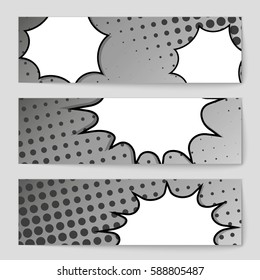 Abstract creative concept vector comic pop art style blank, layout template with clouds beams and isolated dots background. For sale banner, empty speech bubble set, illustration halftone book design