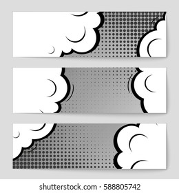 Abstract creative concept vector comic pop art style blank, layout template with clouds beams and isolated dots background. For sale banner, empty speech bubble set, illustration halftone book design
