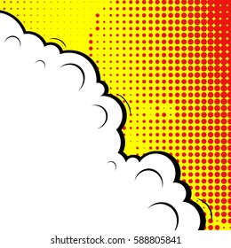 Abstract creative concept vector comic pop art style blank, layout template with clouds beams and isolated dots background. For sale banner, empty speech bubble set, illustration halftone book design