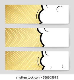 Abstract creative concept vector comic pop art style blank, layout template with clouds beams and isolated dots background. For sale banner, empty speech bubble set, illustration halftone book design