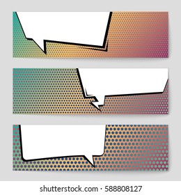 Abstract creative concept vector comic pop art style blank, layout template with clouds beams and isolated dots background. For sale banner, empty speech bubble set, illustration halftone book design