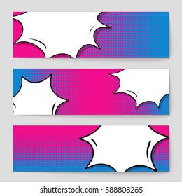 Abstract creative concept vector comic pop art style blank, layout template with clouds beams and isolated dots background. For sale banner, empty speech bubble set, illustration halftone book design