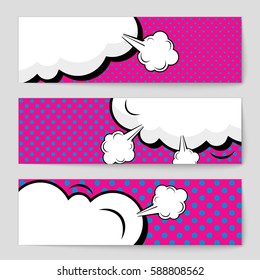 Abstract creative concept vector comic pop art style blank, layout template with clouds beams and isolated dots background. For sale banner, empty speech bubble set, illustration halftone book design