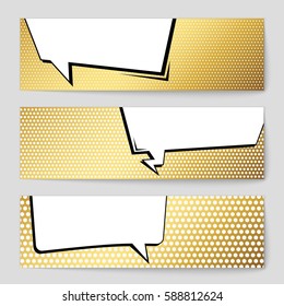 Abstract creative concept vector comic pop art style blank, layout template with clouds beams and isolated dots background. For sale banner, empty speech bubble set, illustration halftone book design