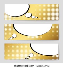 Abstract creative concept vector comic pop art style blank, layout template with clouds beams and isolated dots background. For sale banner, empty speech bubble set, illustration halftone book design