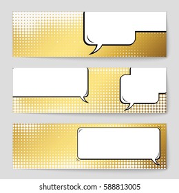 Abstract creative concept vector comic pop art style blank, layout template with clouds beams and isolated dots background. For sale banner, empty speech bubble set, illustration halftone book design