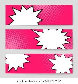 Abstract creative concept vector comic pop art style blank, layout template with clouds beams and isolated dots background. For sale banner, empty speech bubble set, illustration halftone book design
