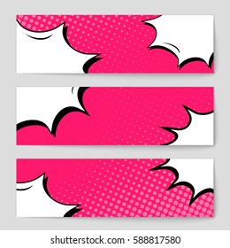 Abstract creative concept vector comic pop art style blank, layout template with clouds beams and isolated dots background. For sale banner, empty speech bubble set, illustration halftone book design