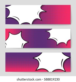 Abstract creative concept vector comic pop art style blank, layout template with clouds beams and isolated dots background. For sale banner, empty speech bubble set, illustration halftone book design